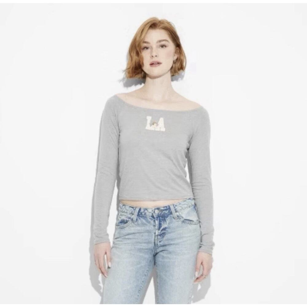 Modern Lux Graphic Tee Shirt Womens Large Gray LA Cupid Long Sleeve Fashionable